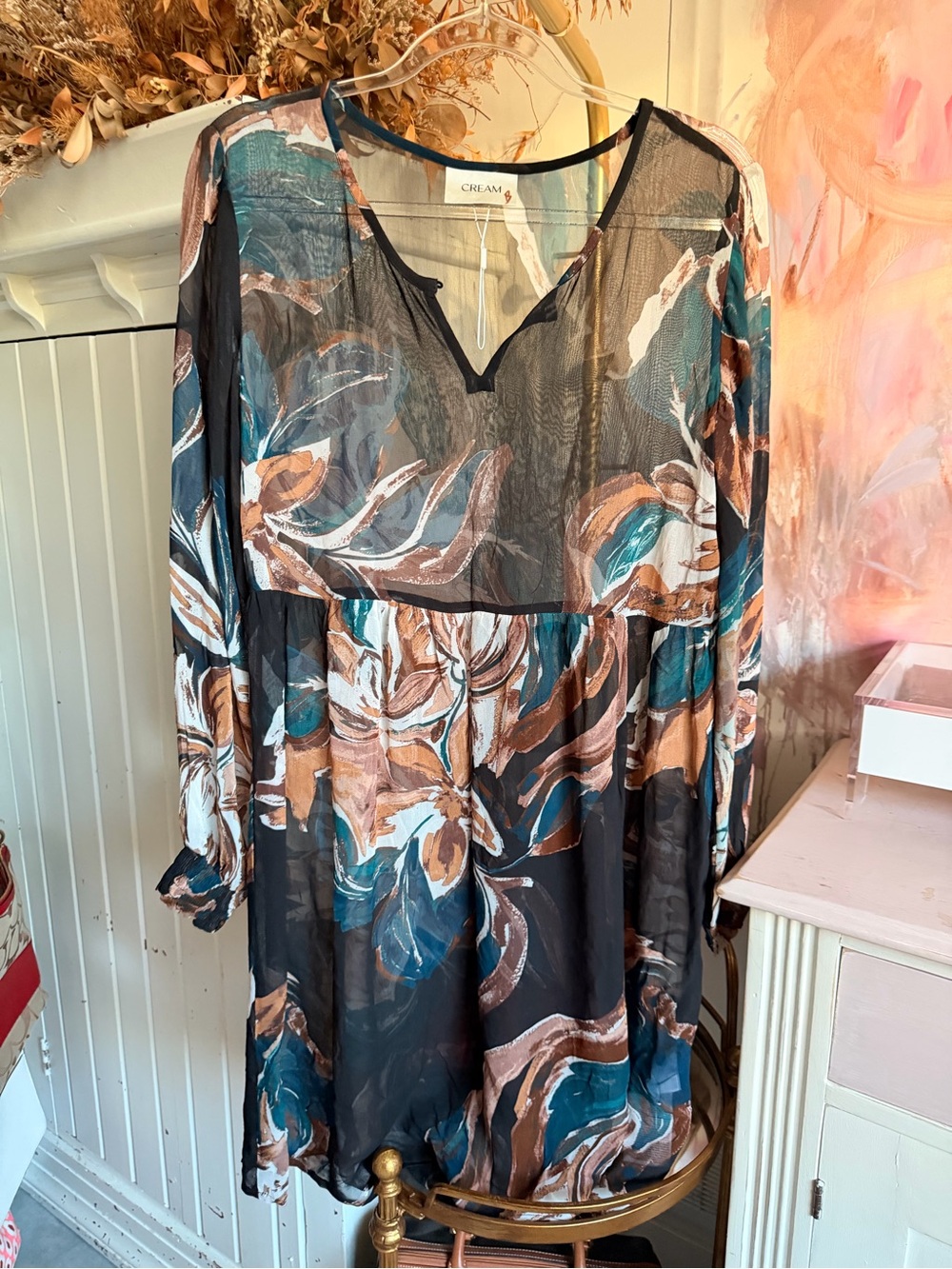 Cream Teal & Brown Floral V-Neck Dress